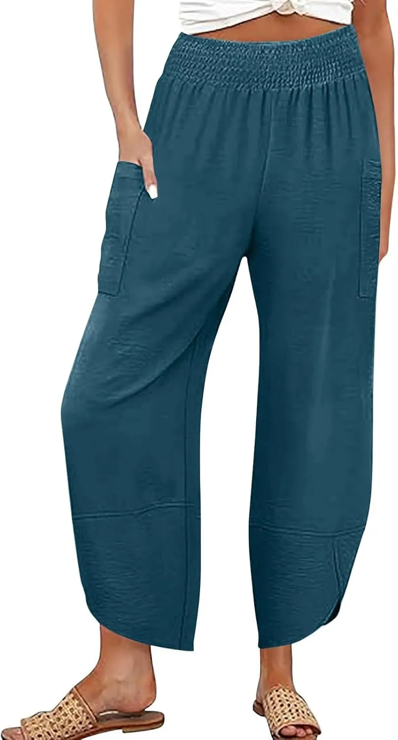 fanmpghleoo Harem Pants Women Cropped Wide Leg Linen Pants Summer Smocked Elastic Waist Yoga Pull On Capris with Pockets