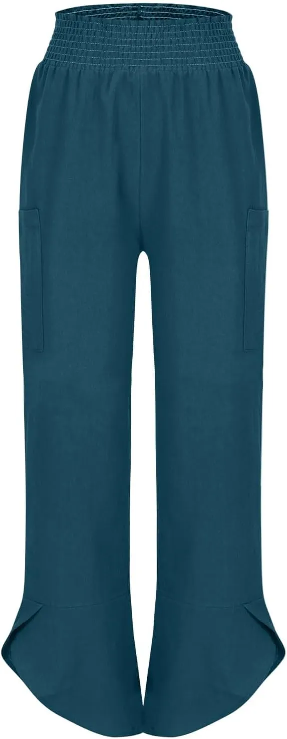 fanmpghleoo Harem Pants Women Cropped Wide Leg Linen Pants Summer Smocked Elastic Waist Yoga Pull On Capris with Pockets