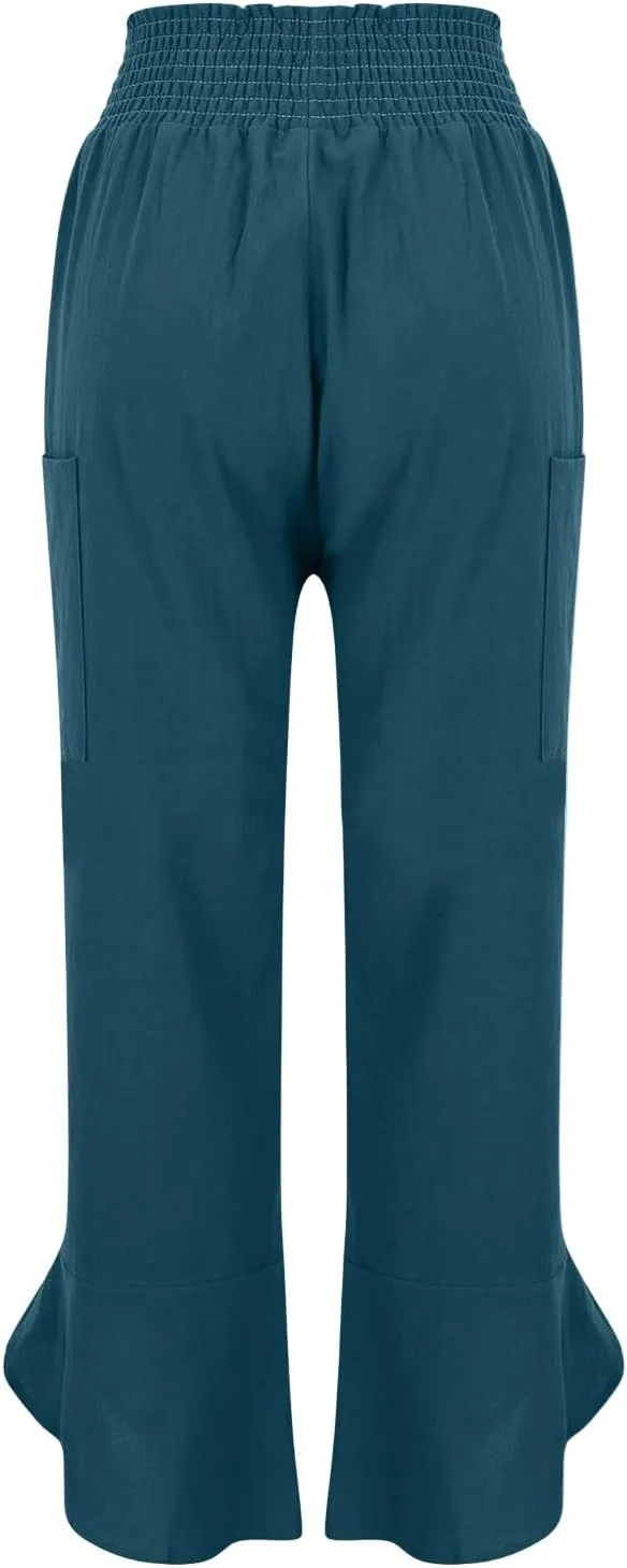 fanmpghleoo Harem Pants Women Cropped Wide Leg Linen Pants Summer Smocked Elastic Waist Yoga Pull On Capris with Pockets