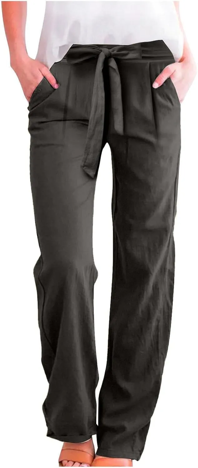 fanmpghleoo Linen Pants Women Summer Adjustable Tie Knot Straight Leg Trouser High Rise Lightweight Beach Pants with Pockets