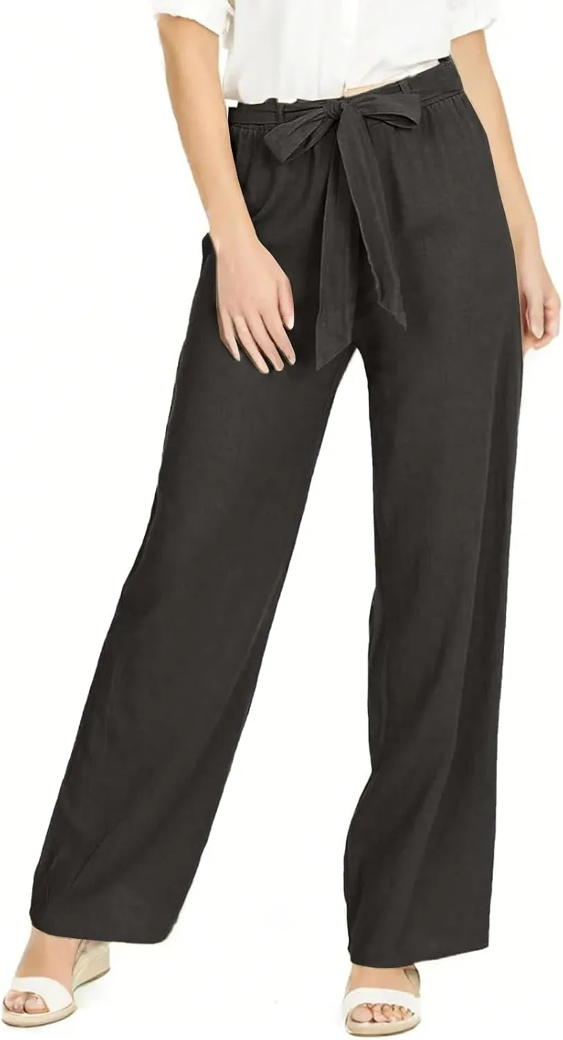 fanmpghleoo Linen Pants Women Summer Adjustable Tie Knot Straight Leg Trouser High Rise Lightweight Beach Pants with Pockets