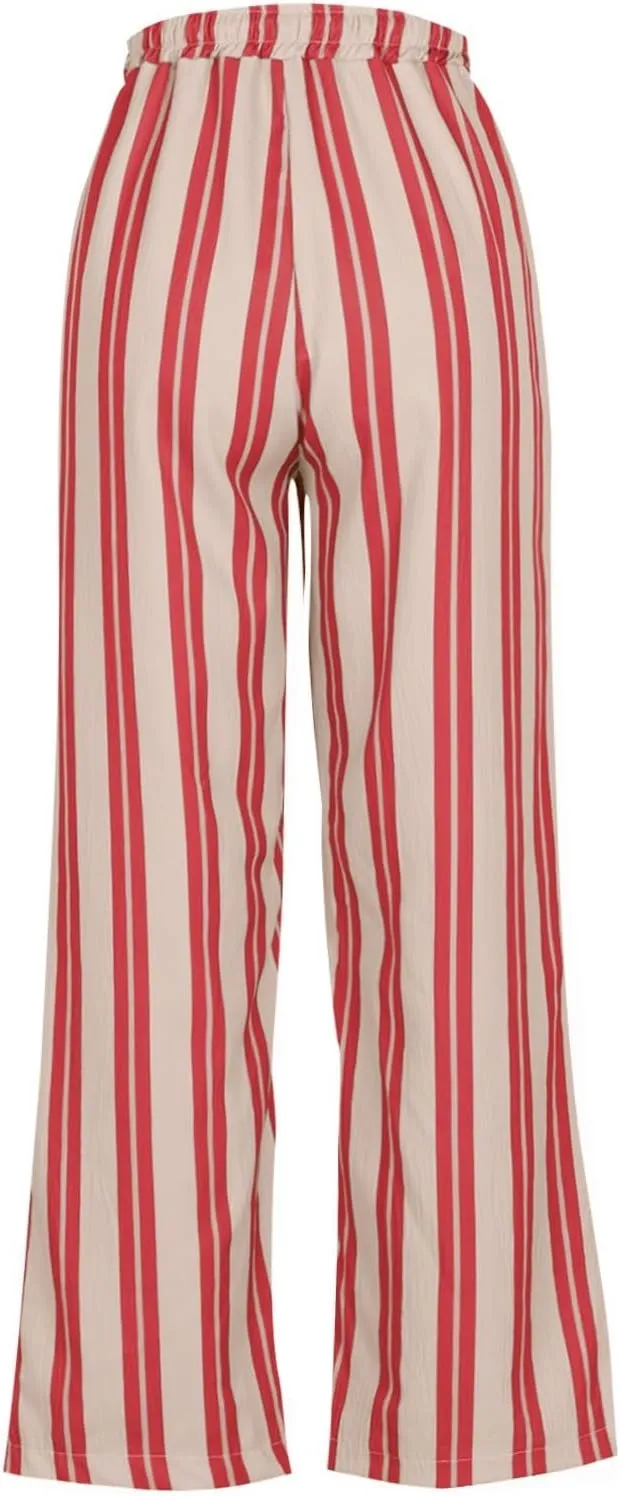 fanmpghleoo Striped Linen Pants Women Summer Drawstring Wide Leg Palazzo Pants for Women Casual High Waisted Linen Trosuers