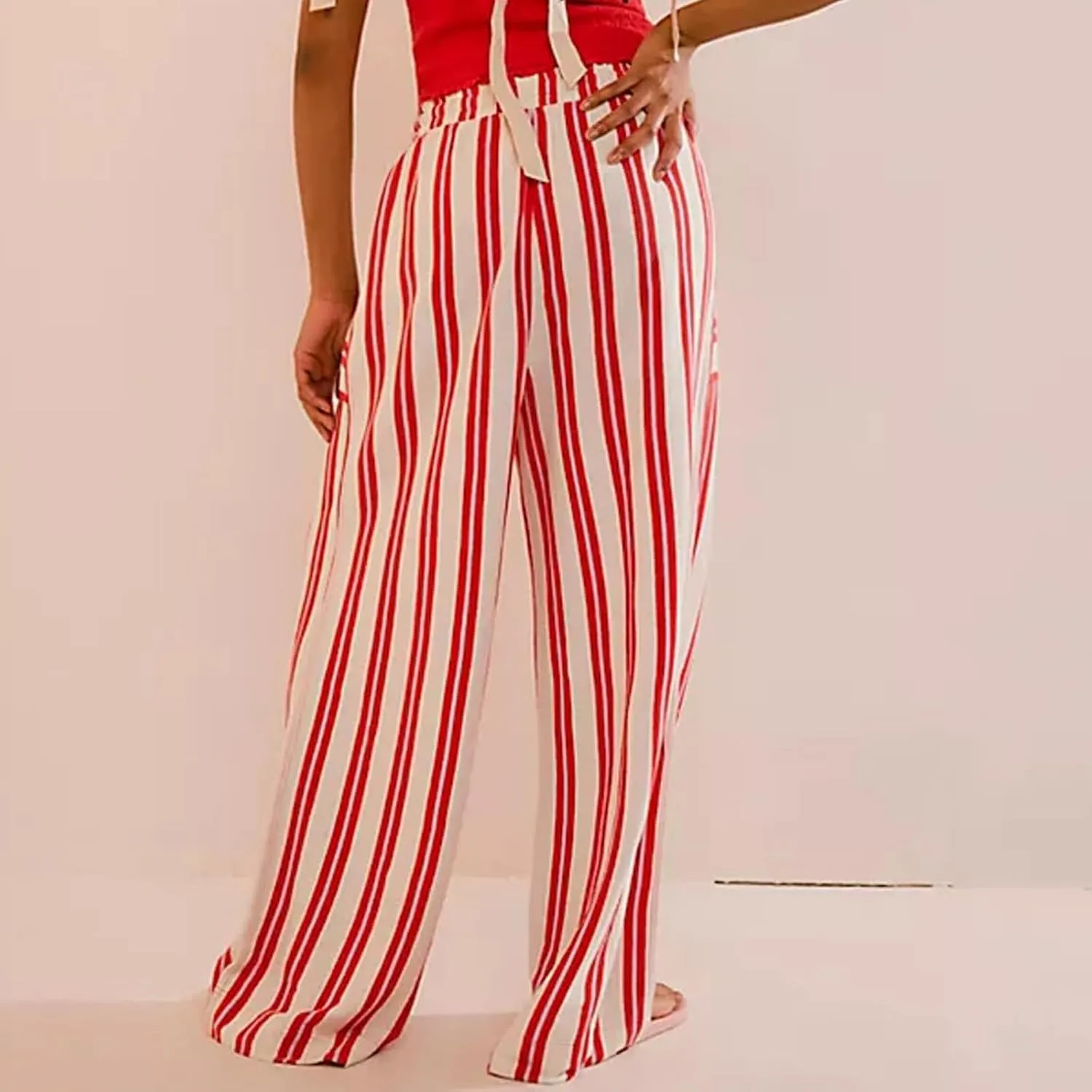 fanmpghleoo Striped Linen Pants Women Summer Drawstring Wide Leg Palazzo Pants for Women Casual High Waisted Linen Trosuers