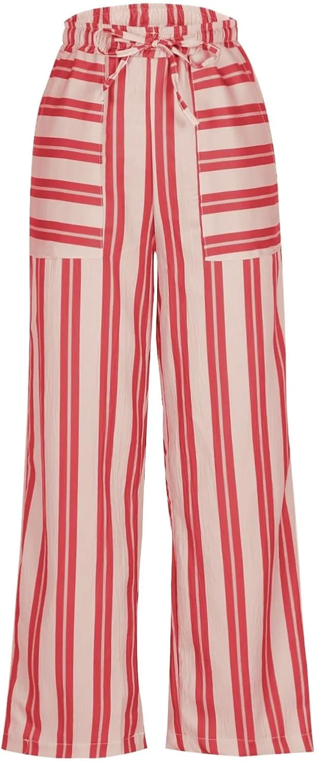 fanmpghleoo Striped Linen Pants Women Summer Drawstring Wide Leg Palazzo Pants for Women Casual High Waisted Linen Trosuers