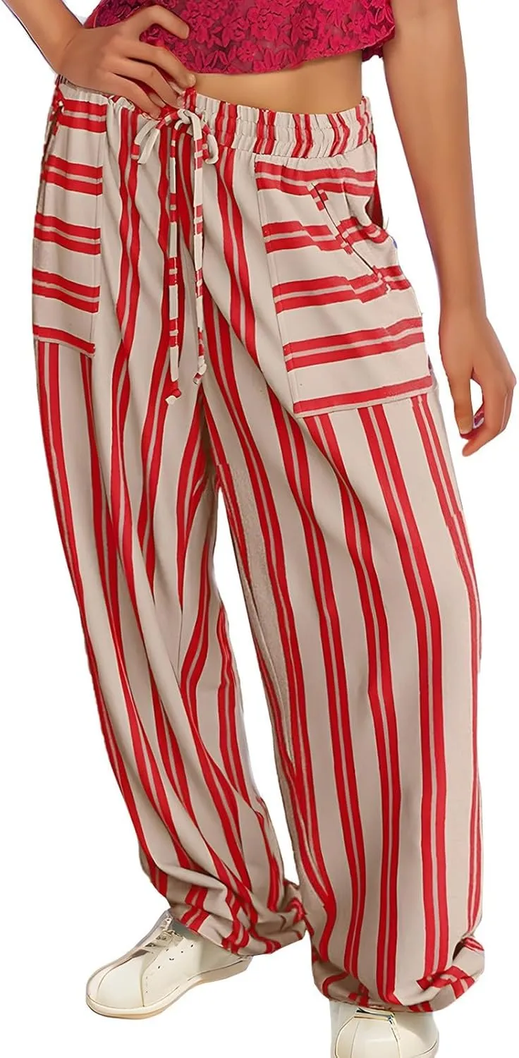 fanmpghleoo Striped Linen Pants Women Summer Drawstring Wide Leg Palazzo Pants for Women Casual High Waisted Linen Trosuers