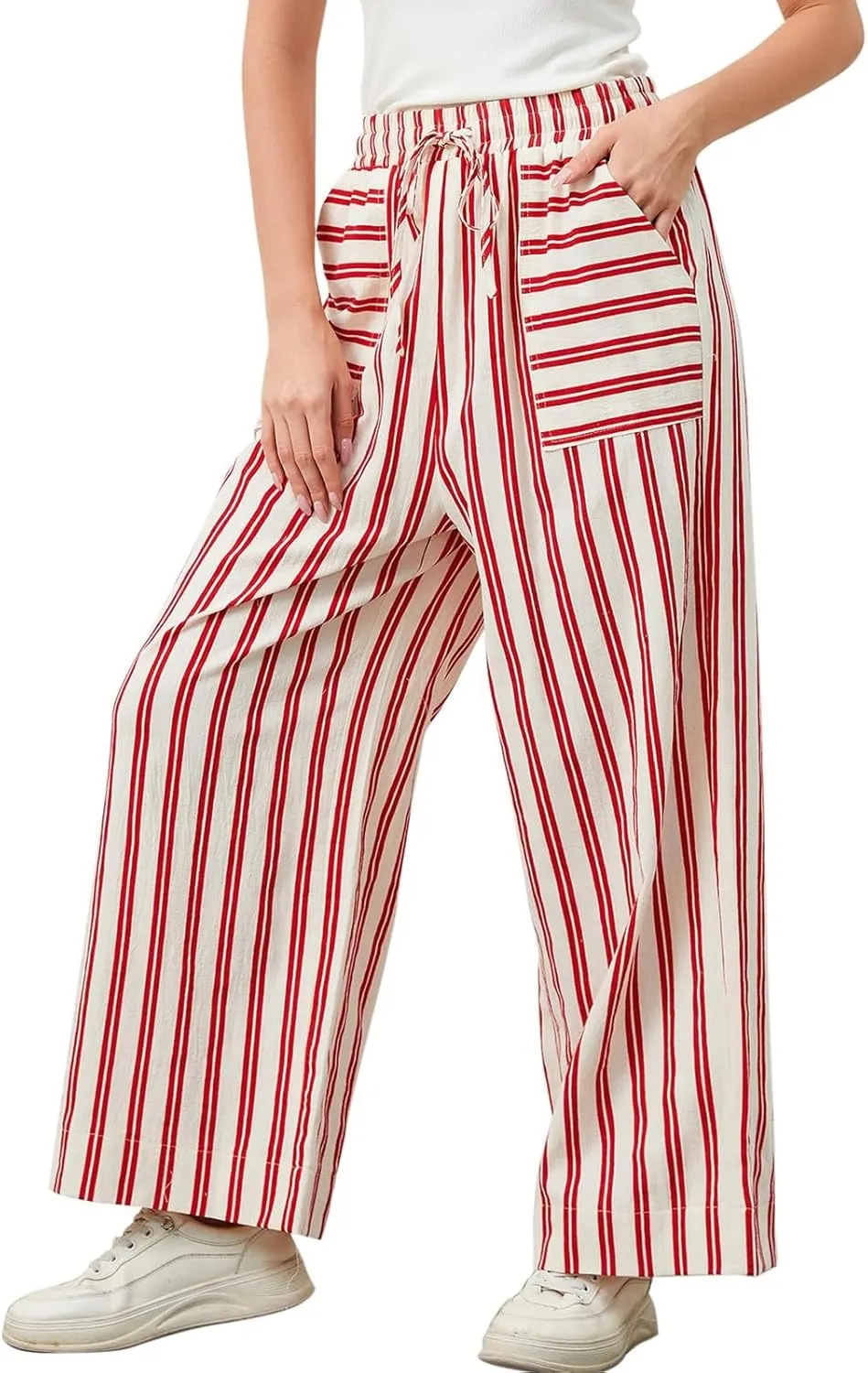 fanmpghleoo Striped Linen Pants Women Summer Drawstring Wide Leg Palazzo Pants for Women Casual High Waisted Linen Trosuers