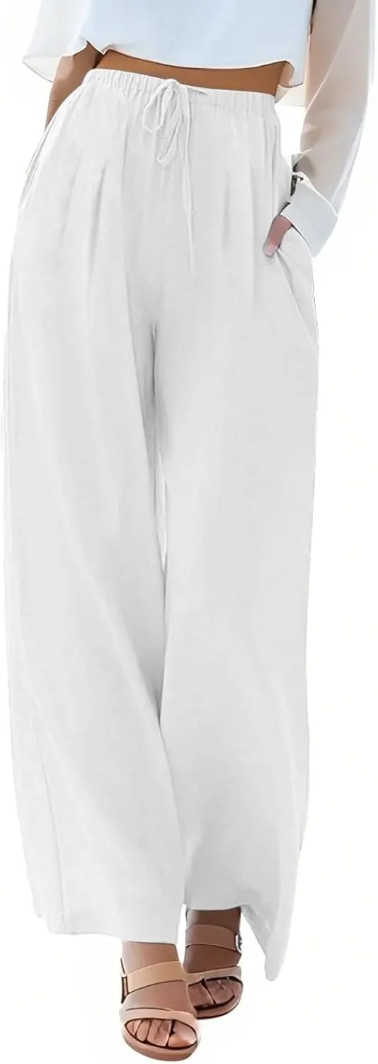 fanmpghleoo Wide Leg Linen Pants for Women Plus Size Palazzo Pants Casual Drawstring Flowy Beach Linen Trousers with Pockets