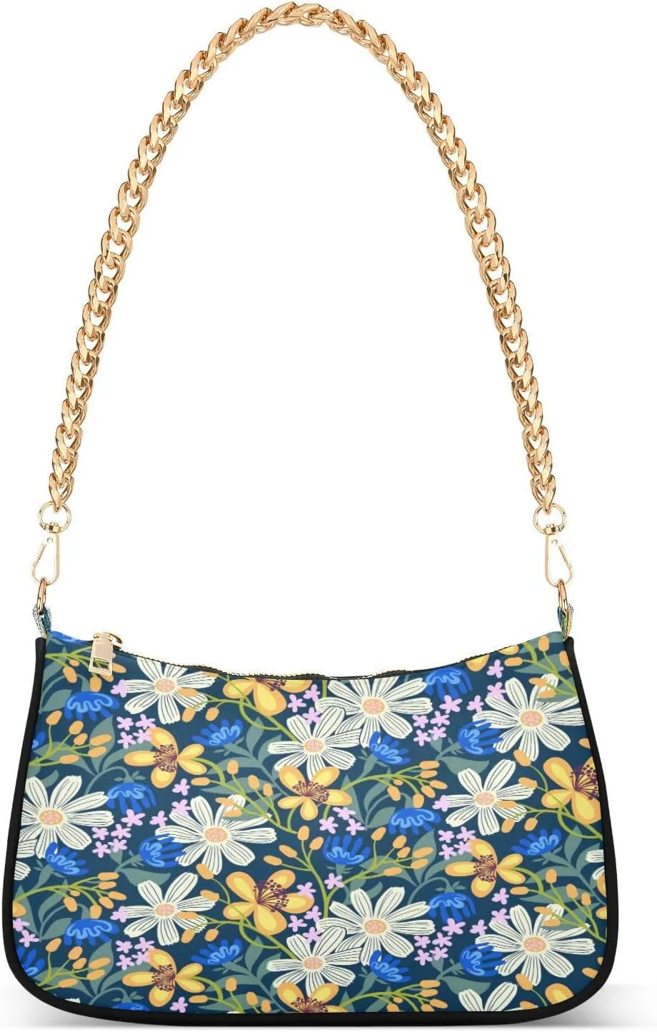 Floral White Blue Flowers Womens Shoulder Bag for Women Girls Hobo Tote Handbag Gold Chain Crossbody Bag with Zipper Clutch Purse Handbags