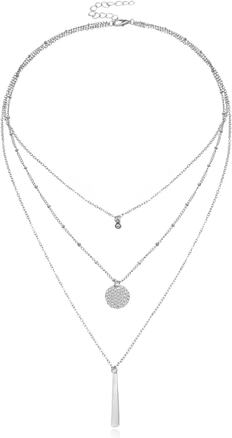 GIGB PBDK Boho Gold Stacked Necklaces for Women,Long Silver Geometric Pendant Layered Necklaces Trendy Beach Necklace,Charm Everyday Party Jewelry Accessories