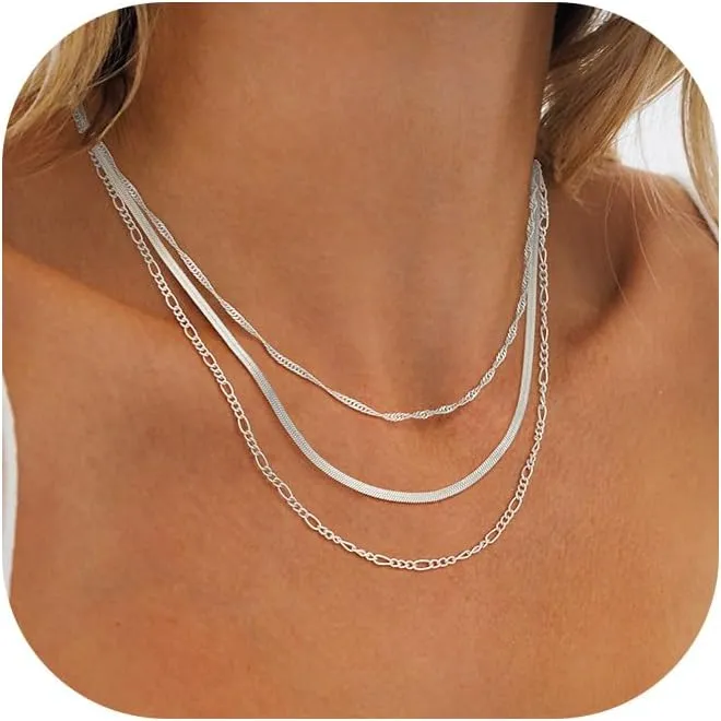 Gold Herringbone Necklace for Women, Dainty Layered Gold Necklaces Snake Simple 14K Gold Plated Chain Choker Necklaces Stack Chunky Trendy Gold Jewelry Gift for Women