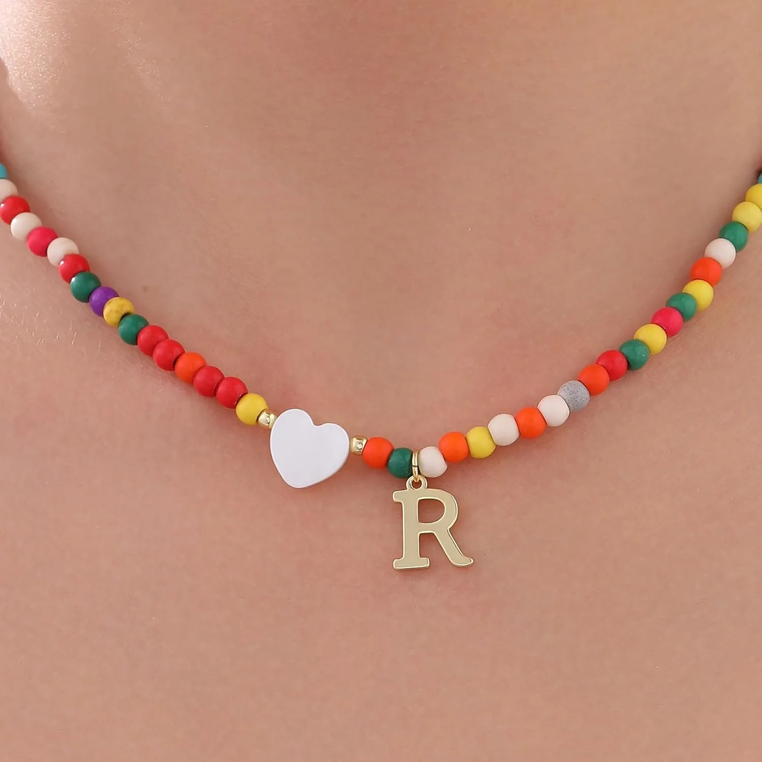Gold Initial Necklace for Women  - Colorful Beaded Choker Necklace Personalized Charm Letter A-Z Pendant Necklace Jewelry Gifts Size 16 Inches