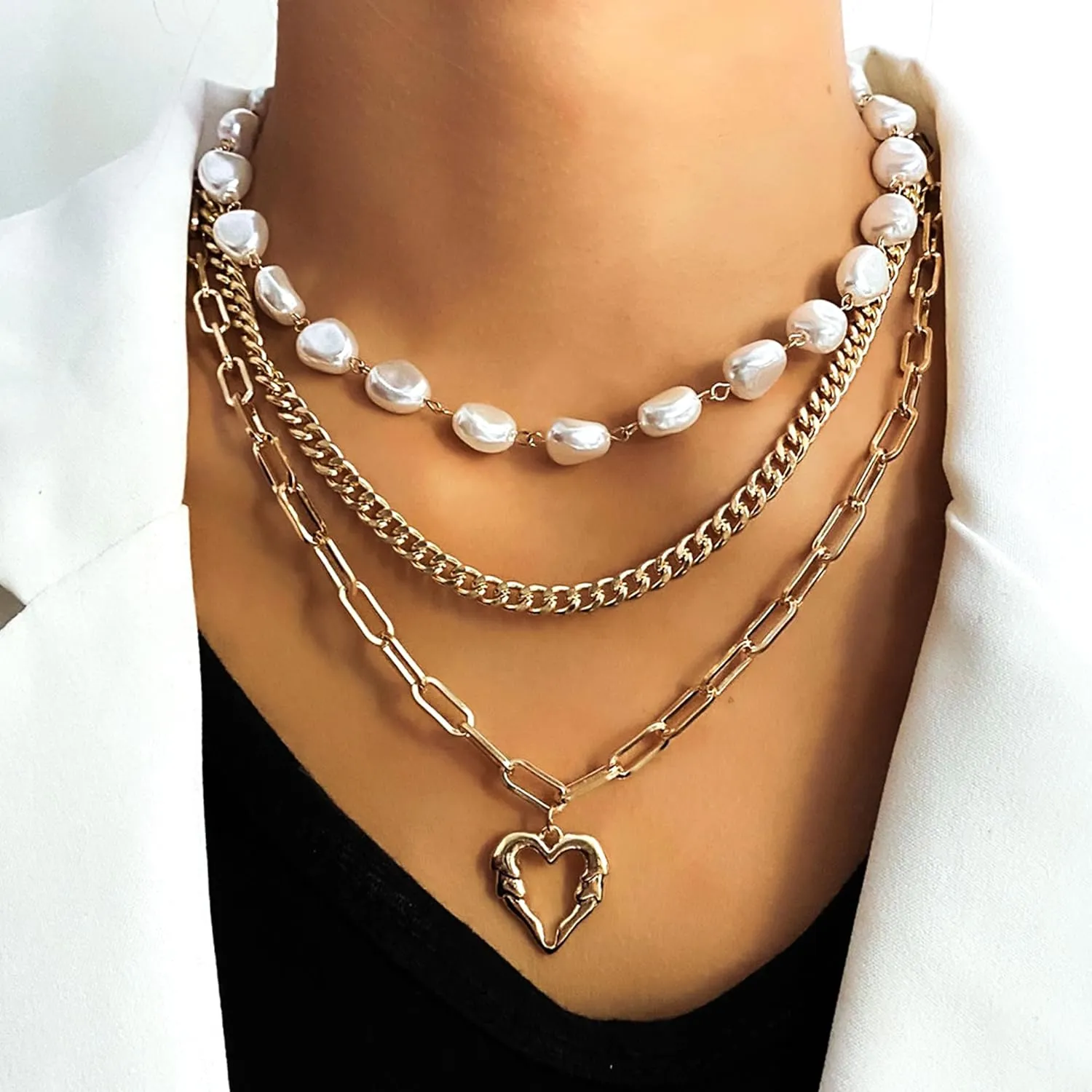 Gold Layered Necklaces Pearl Chunky Gold Statement layered Paperclip Adjustable Layering Chain Choker Necklace Jewerly Set for Women