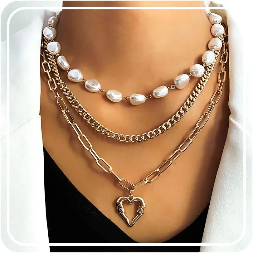 Gold Layered Necklaces Pearl Chunky Gold Statement layered Paperclip Adjustable Layering Chain Choker Necklace Jewerly Set for Women