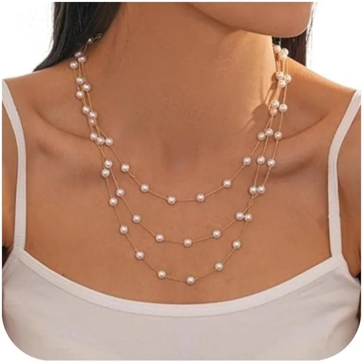 Gold Pearls Necklaces for Women-18K Gold Plated Layered Pearl Necklaces for Women Dainty White Pearls Choker Necklace Chain Pearl Necklace for Women Elegant Gifts