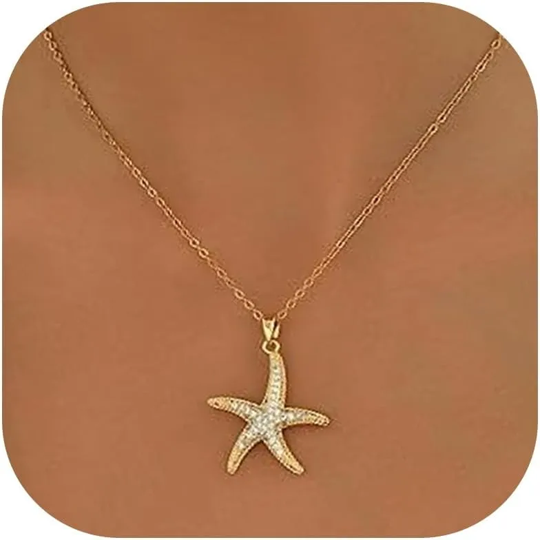 Gold Starfish Necklace for Women Layered Sea Shell Beach Necklaces Starfish Pendant Beachy Ocean Necklace Statement Cowrie Seashell Summer Necklaces for Vacation Jewelry Gifts Trendy Stuff
