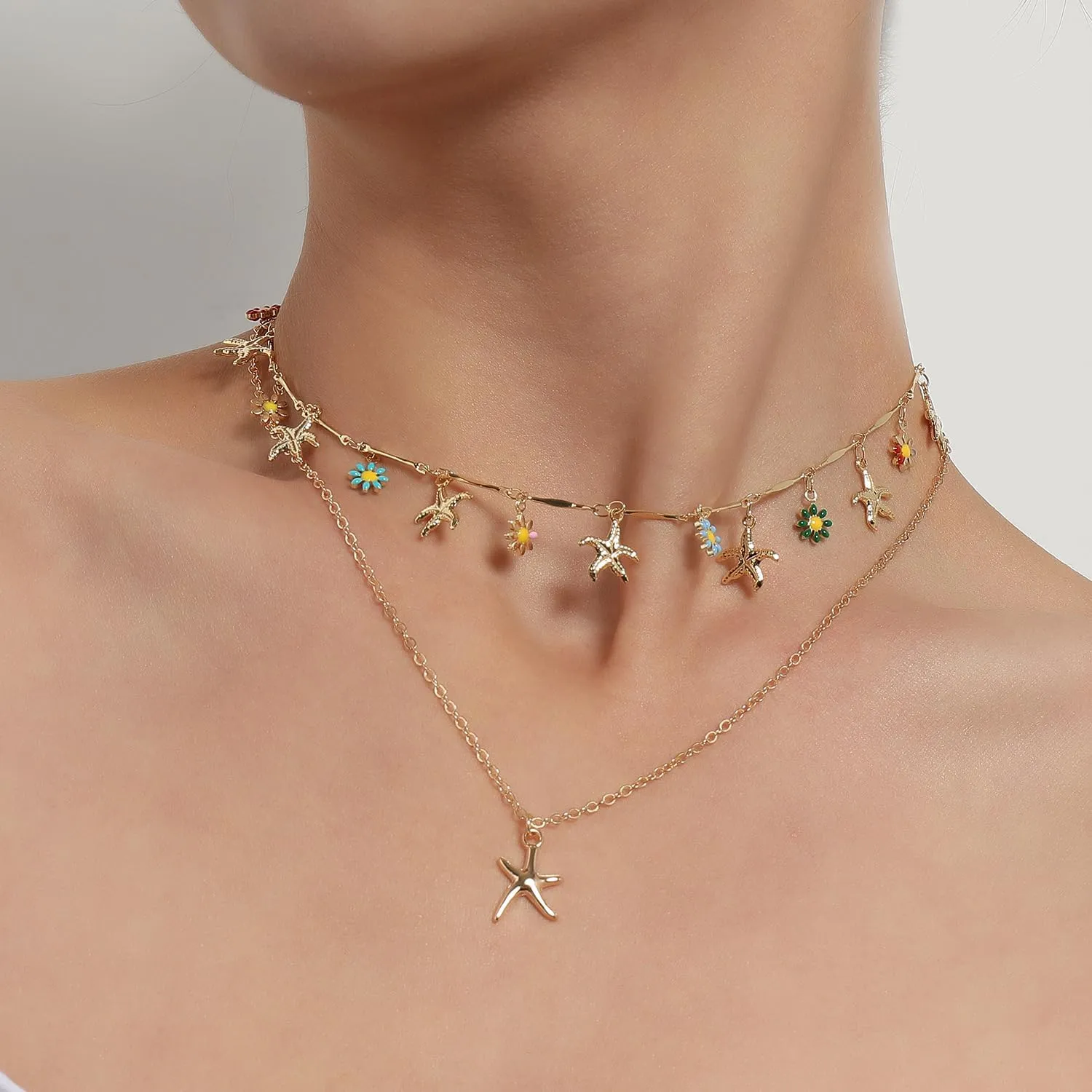 Gold Starfish Shell Necklace for Women 14K Gold Plated Layered Ocean Beach Choker Necklace Starfish Summer Beach Necklace Summer Jewelry