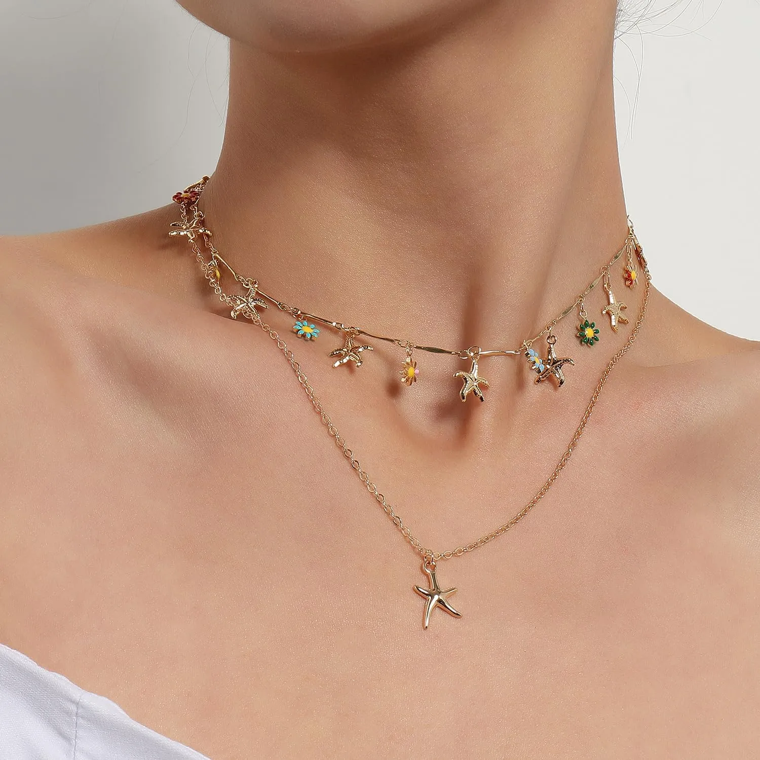 Gold Starfish Shell Necklace for Women 14K Gold Plated Layered Ocean Beach Choker Necklace Starfish Summer Beach Necklace Summer Jewelry