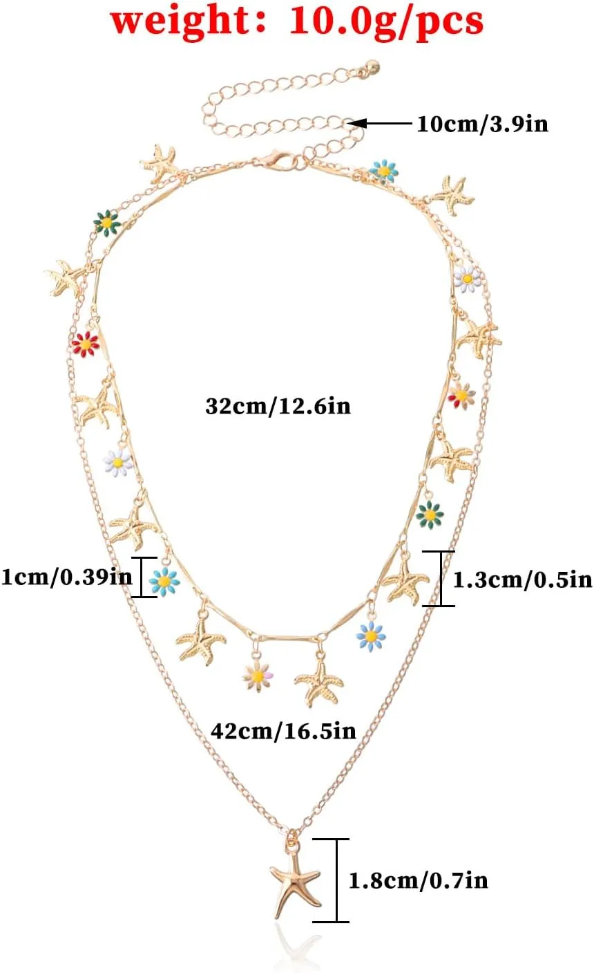 Gold Starfish Shell Necklace for Women 14K Gold Plated Layered Ocean Beach Choker Necklace Starfish Summer Beach Necklace Summer Jewelry