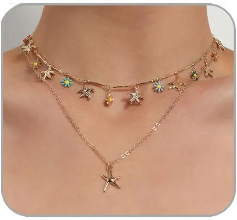 Gold Starfish Shell Necklace for Women 14K Gold Plated Layered Ocean Beach Choker Necklace Starfish Summer Beach Necklace Summer Jewelry