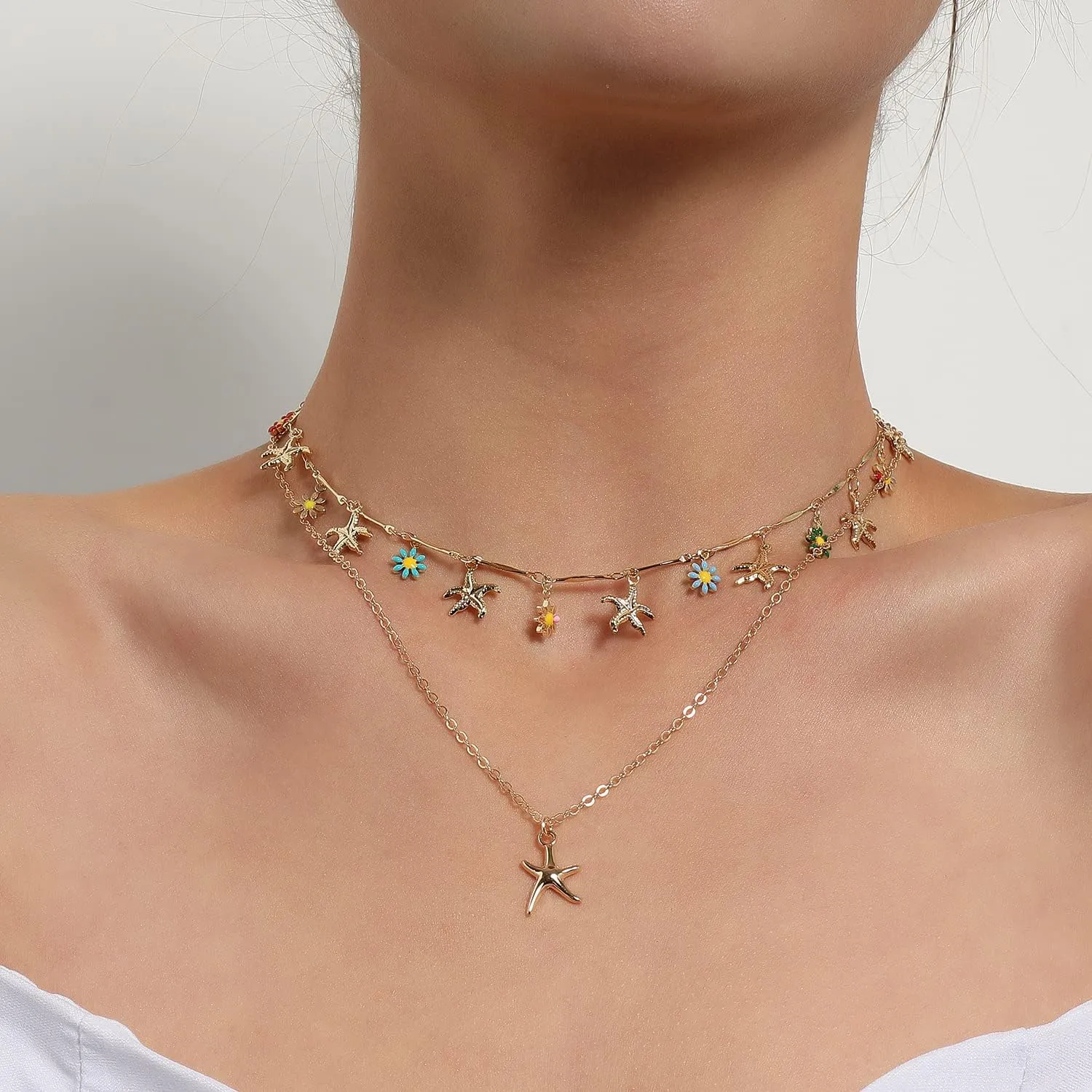 Gold Starfish Shell Necklace for Women 14K Gold Plated Layered Ocean Beach Choker Necklace Starfish Summer Beach Necklace Summer Jewelry