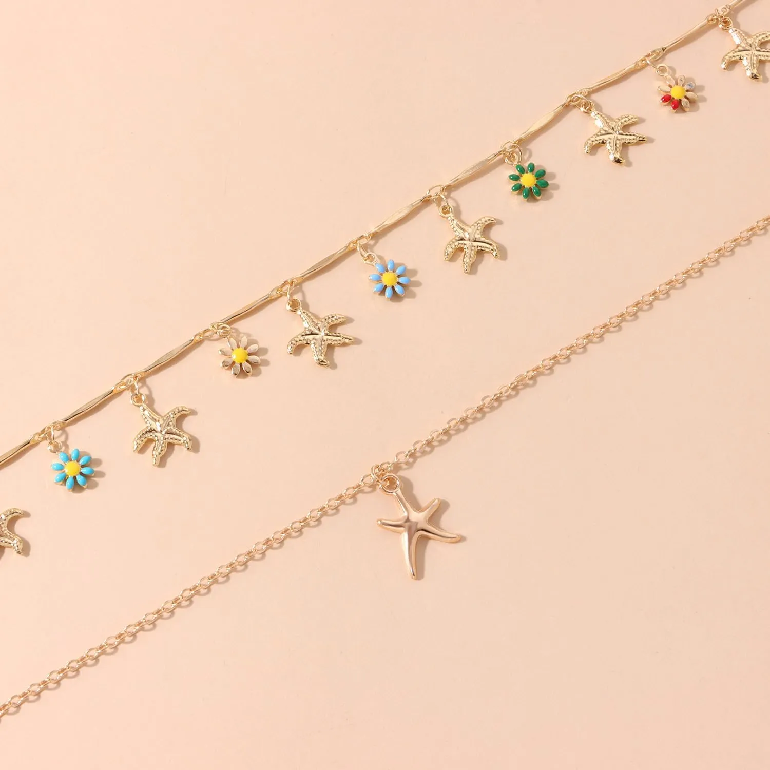Gold Starfish Shell Necklace for Women 14K Gold Plated Layered Ocean Beach Choker Necklace Starfish Summer Beach Necklace Summer Jewelry