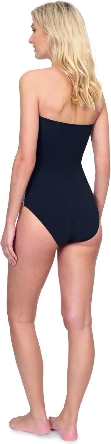 Gottex Natures Beauty Black and White Leafy Print Womens Bandeau One Piece Bathing Suit with Adjustable Removable Straps