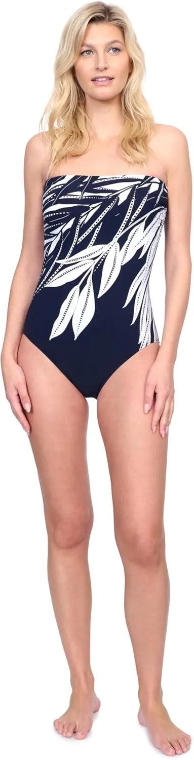 Gottex Natures Beauty Black and White Leafy Print Womens Bandeau One Piece Bathing Suit with Adjustable Removable Straps