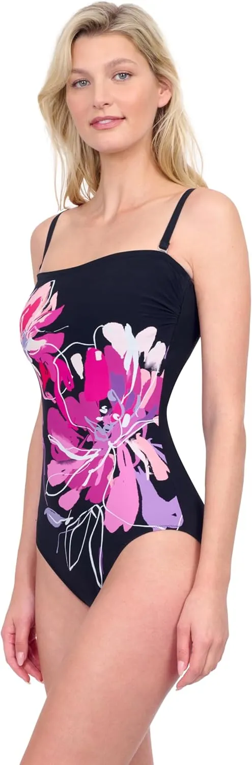 Gottex Water Lily Floral Print Womens Bandeau One Piece Stylish Elegant Bathing Suit with Tummy Control Swim Essential