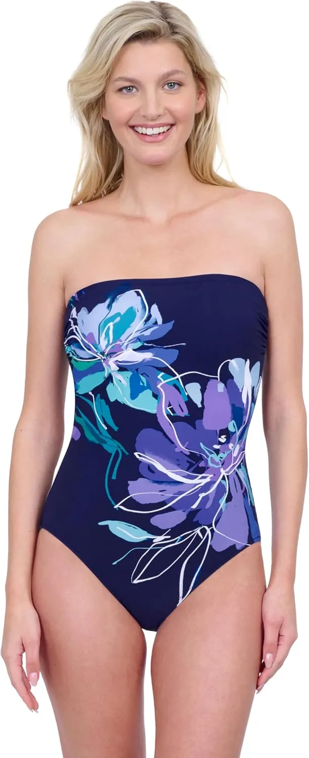 Gottex Water Lily Floral Print Womens Bandeau One Piece Stylish Elegant Bathing Suit with Tummy Control Swim Essential