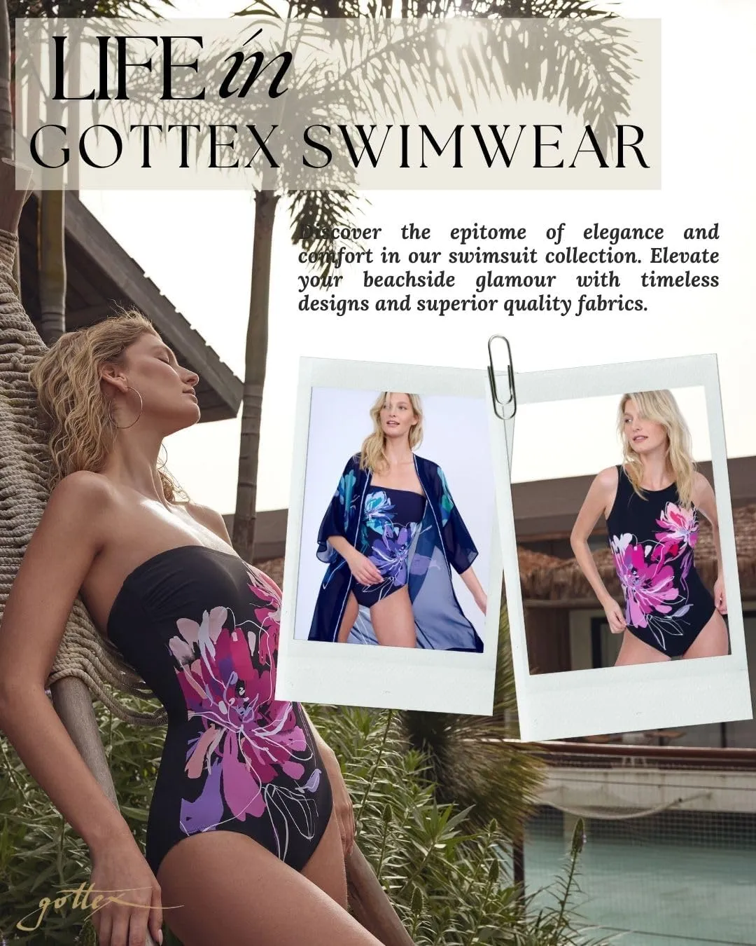 Gottex Water Lily Floral Print Womens Bandeau One Piece Stylish Elegant Bathing Suit with Tummy Control Swim Essential