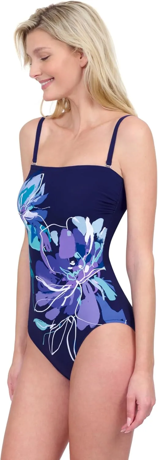 Gottex Water Lily Floral Print Womens Bandeau One Piece Stylish Elegant Bathing Suit with Tummy Control Swim Essential