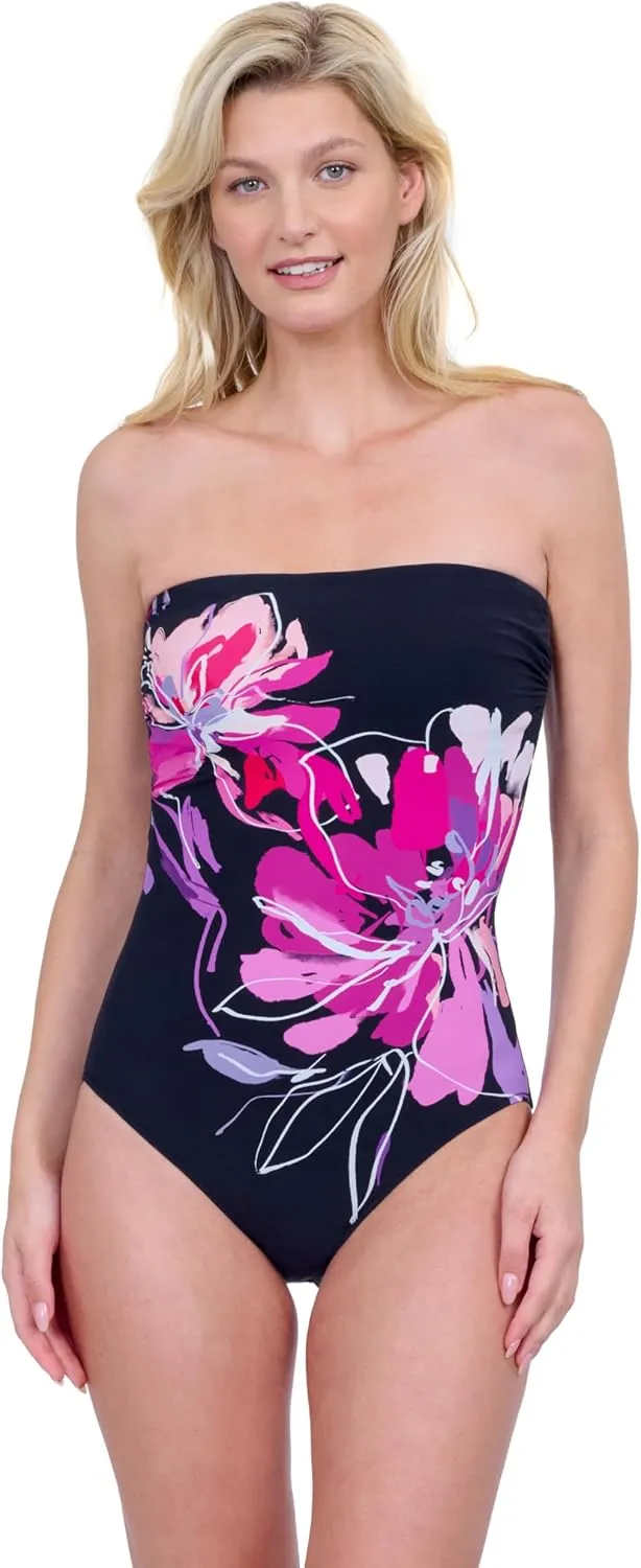 Gottex Water Lily Floral Print Womens Bandeau One Piece Stylish Elegant Bathing Suit with Tummy Control Swim Essential