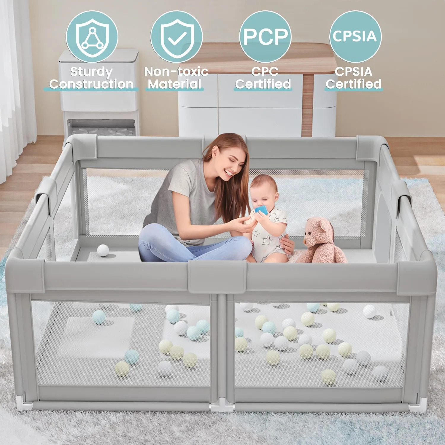 Hiaksedt Baby Playpen 50x50 Inch, Play Pens for Babies and Toddlers Baby Fence Baby Play Yards for Indoor & Outdoor with Breathable Mesh Anti-Fall Playpen