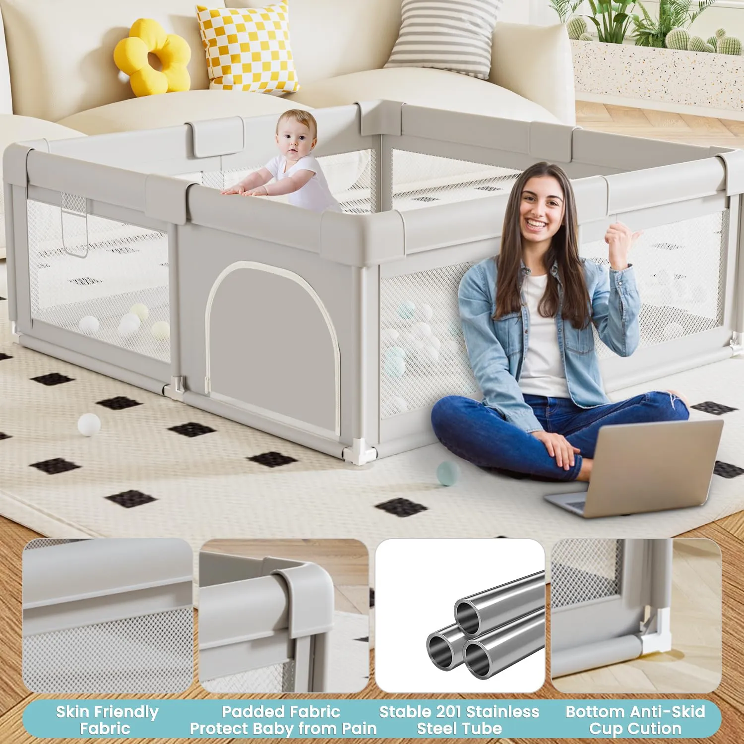 Hiaksedt Baby Playpen 50x50 Inch, Play Pens for Babies and Toddlers Baby Fence Baby Play Yards for Indoor & Outdoor with Breathable Mesh Anti-Fall Playpen