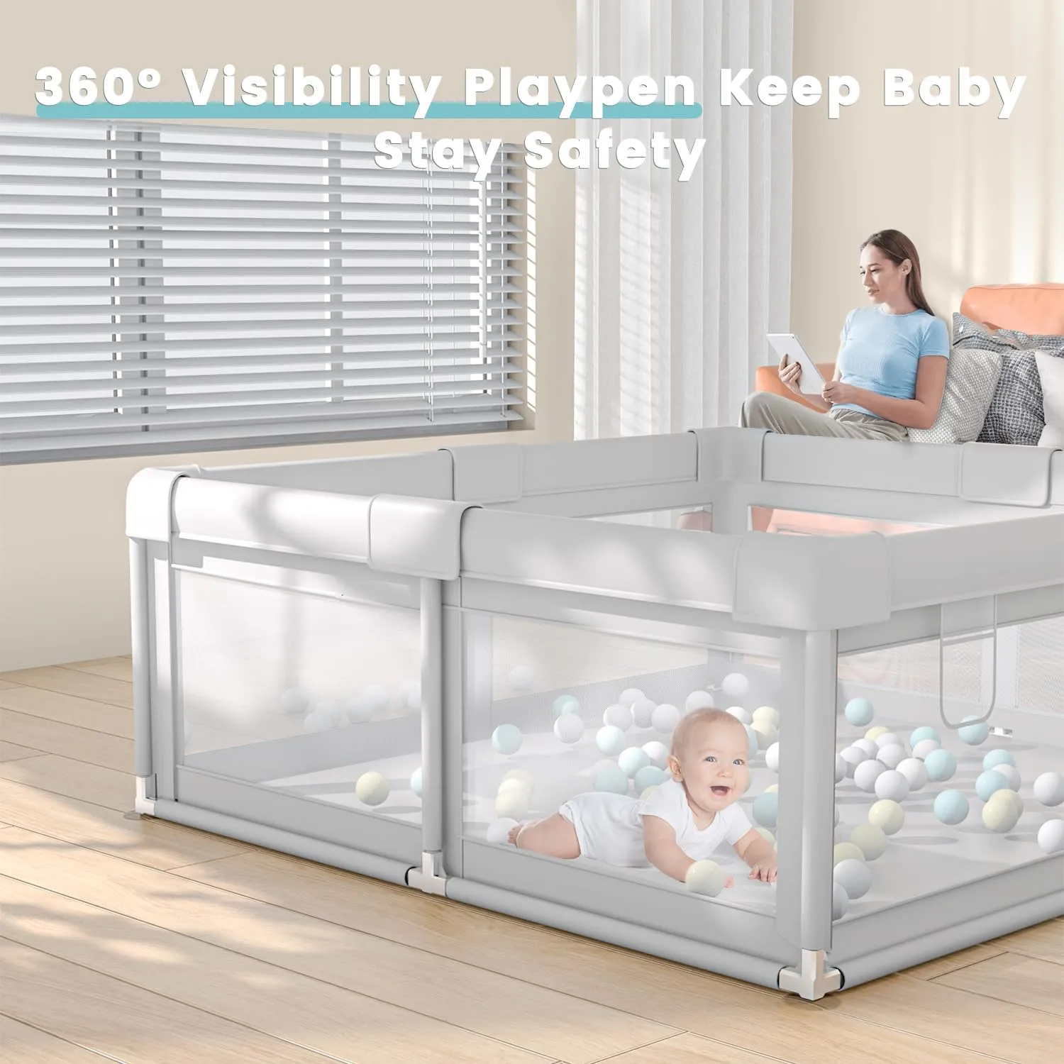 Hiaksedt Baby Playpen 50x50 Inch, Play Pens for Babies and Toddlers Baby Fence Baby Play Yards for Indoor & Outdoor with Breathable Mesh Anti-Fall Playpen