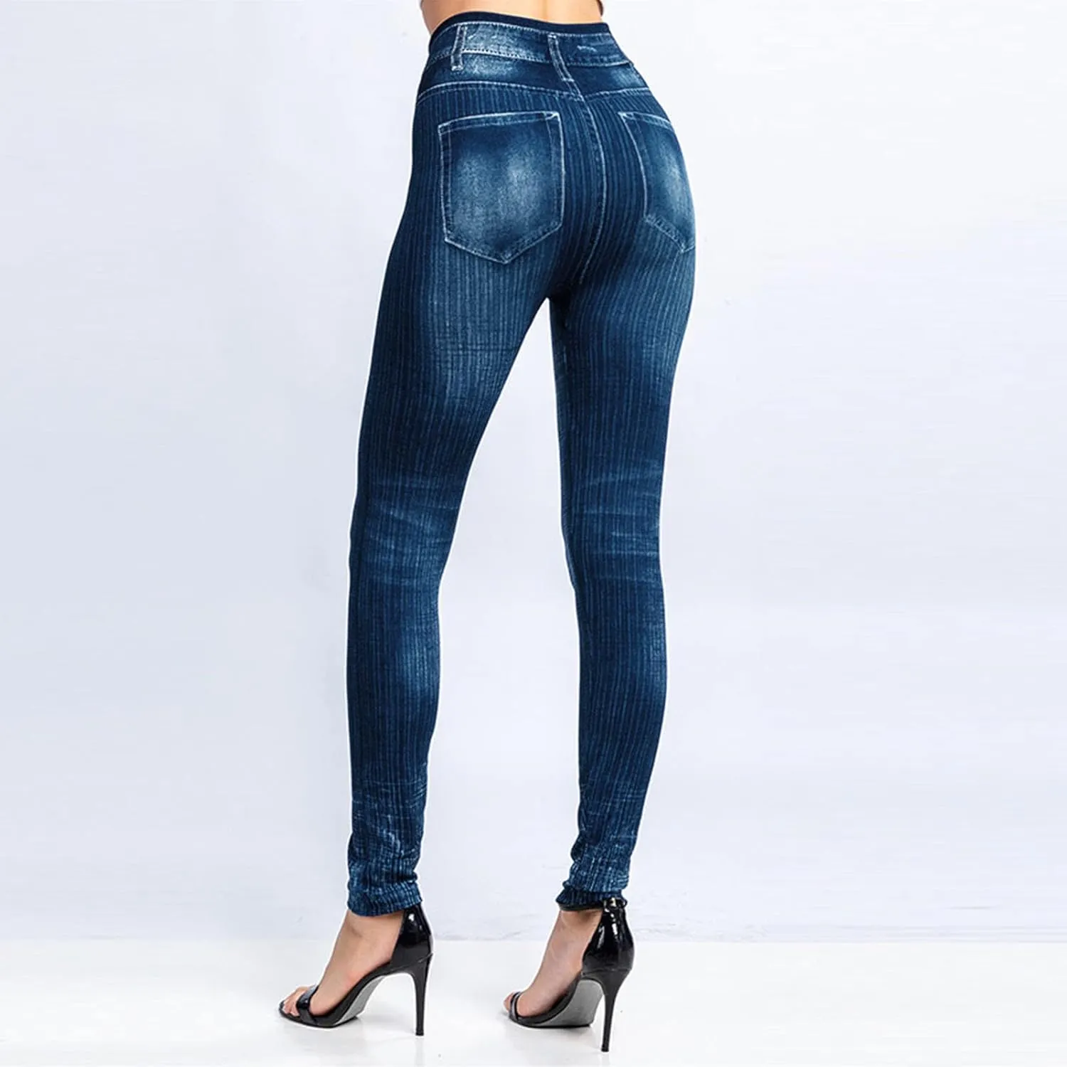Jeans Leggings for Women Stretchy Tummy Control Denim Pants Skinny Stripe Slimming Comfortable Trousers with Pockets