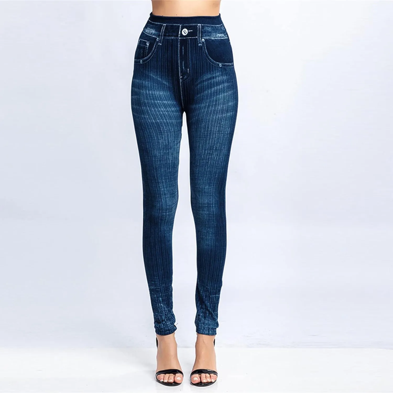 Jeans Leggings for Women Stretchy Tummy Control Denim Pants Skinny Stripe Slimming Comfortable Trousers with Pockets