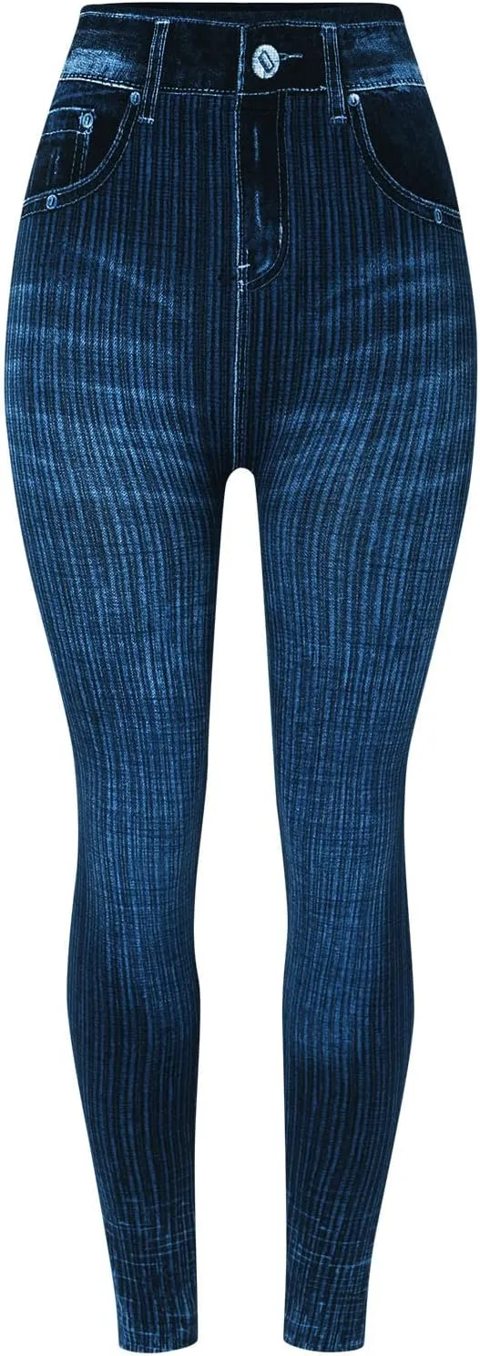 Jeans Leggings for Women Stretchy Tummy Control Denim Pants Skinny Stripe Slimming Comfortable Trousers with Pockets