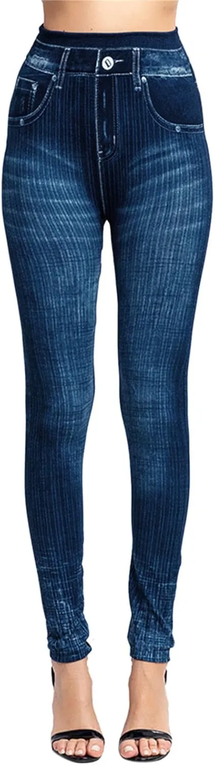 Jeans Leggings for Women Stretchy Tummy Control Denim Pants Skinny Stripe Slimming Comfortable Trousers with Pockets
