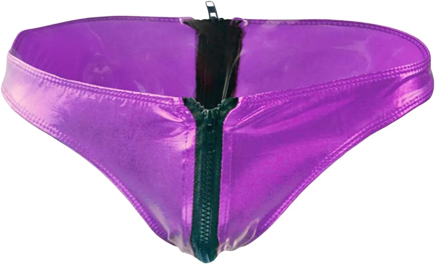 JEsilunmaMY Mens Double Zipper Briefs Low Rise Faux Leather Erotic Lingerie Panties Solid Color Bikini Underwear Swimsuit