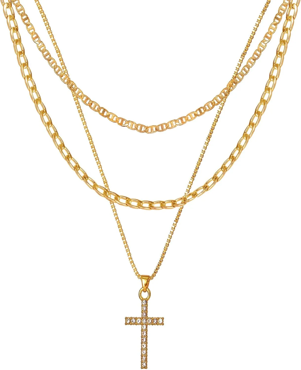 Layered Gold Cross Necklace for Women Cuban Box Flat Mariner Chains Dainty CZ Diamond Pendant Elegant Jewelry Gift