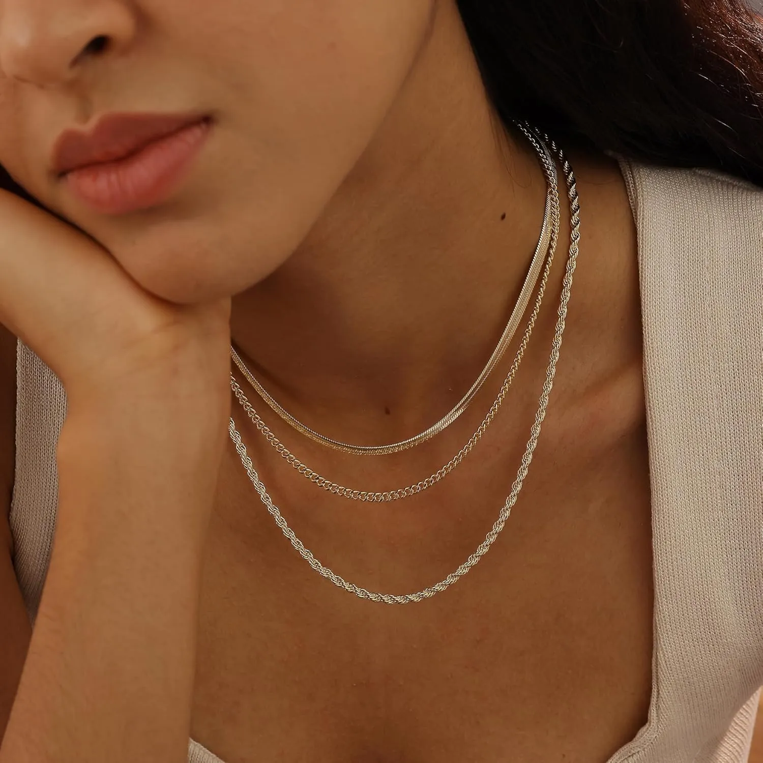 Layered Gold Necklaces for Women, 14k Plated Dainty Gold Choker Necklace Stack for Women Paperclip Chain Gold Stacked Cross Necklace Set Stackable Simple Pearl Choker Non Tarnish Waterproof Jewelry