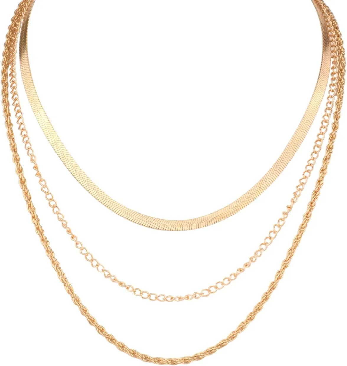 Layered Gold Necklaces Set for Women, 3-Layer Stacked Boho Necklaces Set Herringbone Choker Snake Chain Necklace Spiral Chain Fashion Jewelry Gift for Women Girls