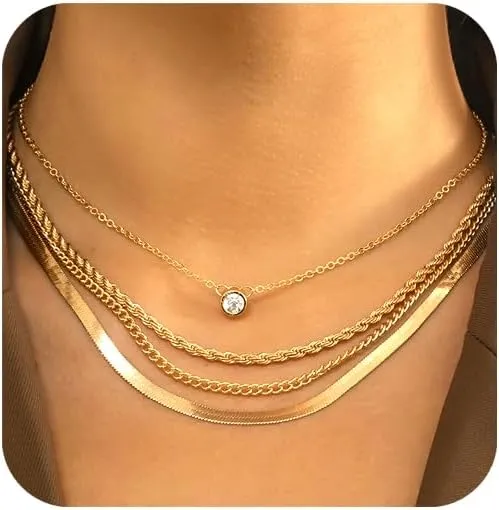 Layered Gold Necklaces Stack for Women,Chunky Gold Necklace Herringbone Paperclip Chain Necklace Pendant Dainty Cuban Chain Toggle Clasp Jewelry Gifts