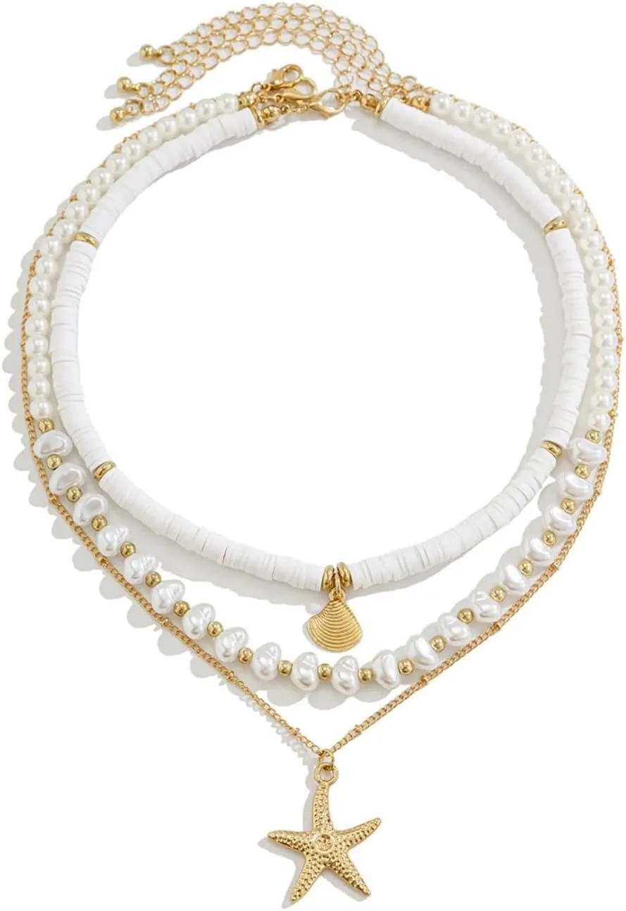 Layered Gold Pearl Choker Necklaces Set for Women,Stackable Starfish Shell Pendant Necklaces,Puka Shell Necklace,Sea Shell Pearl Necklace for Women,Starfish Charm Choker Necklace Summer Beach Jewelry