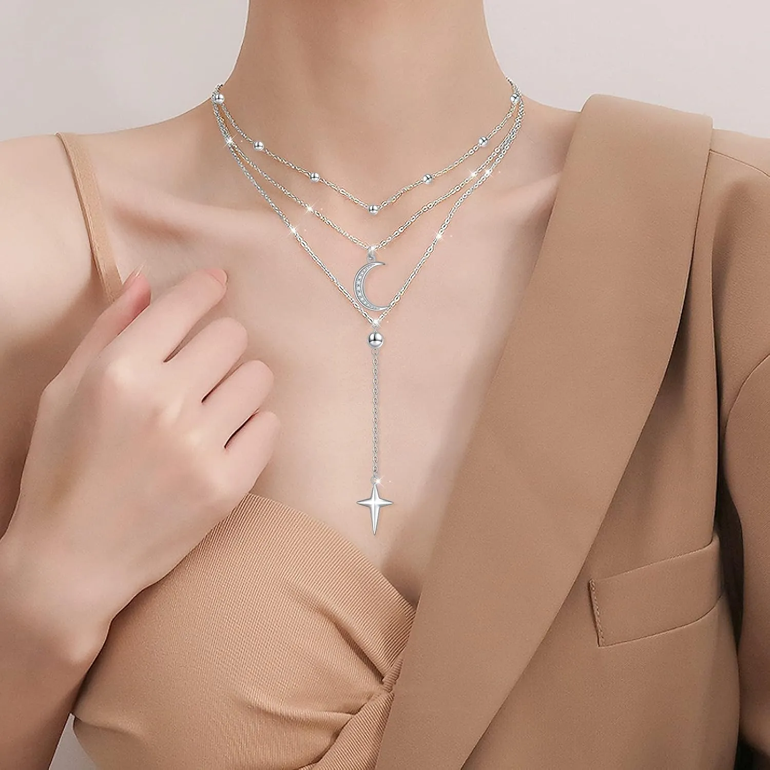 Layered Necklaces for Women S925 Sterling Silver Chokers Necklace for Women Circle/Heart/Double Circle/Cross/Star/Evil Eye Necklace Handmade Bead Necklace Adjustable