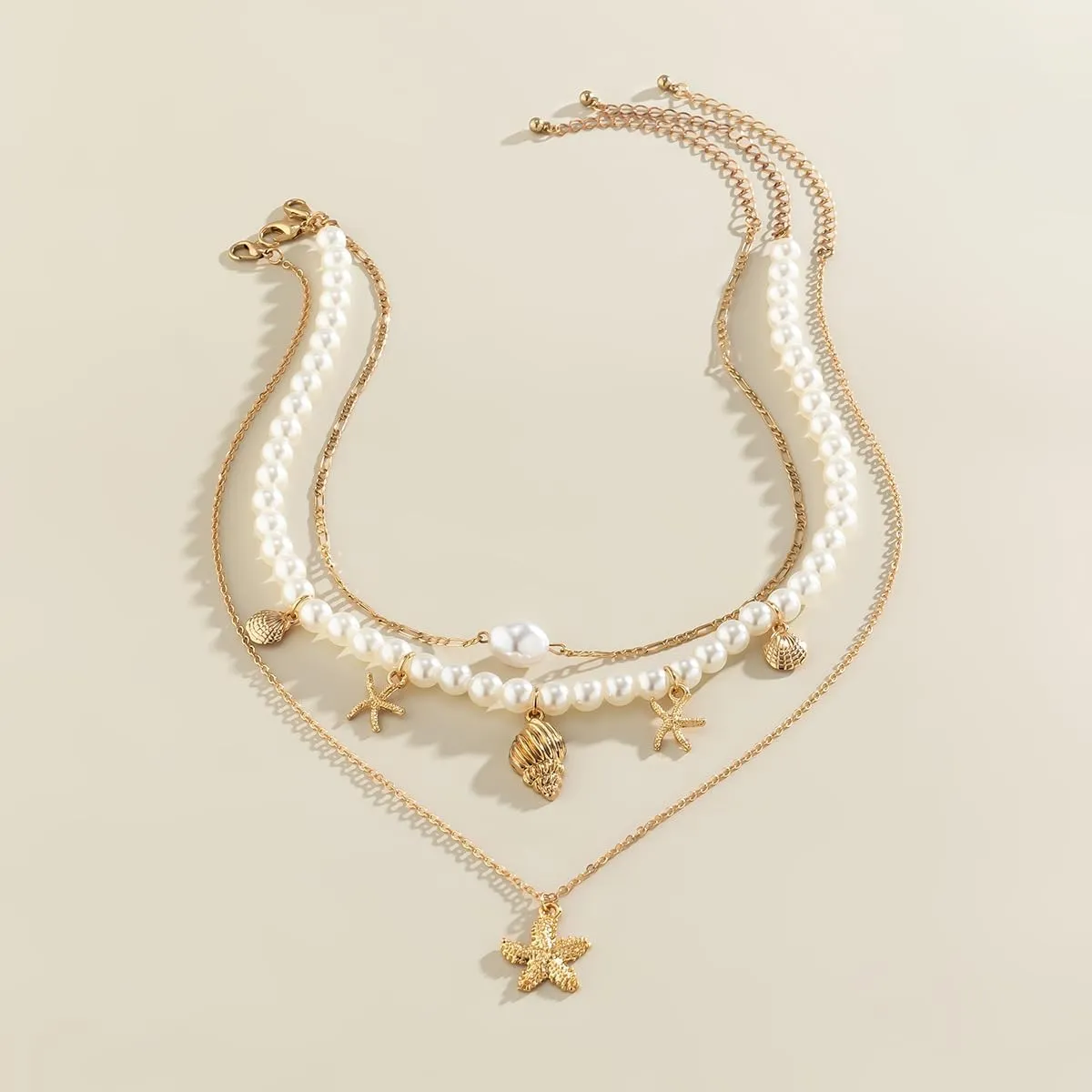 Layered Pearl Starfish Shell Beach Necklaces for Women Bohemian Summer Gold Starfish Puka Conch Seashell Surfer Beach Beaded Choker Necklaces Ocean Jewelry