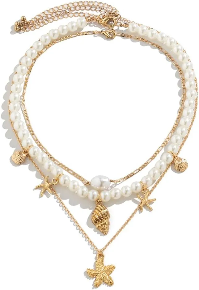 Layered Pearl Starfish Shell Beach Necklaces for Women Bohemian Summer Gold Starfish Puka Conch Seashell Surfer Beach Beaded Choker Necklaces Ocean Jewelry