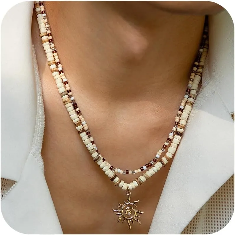 Layered Puka Shell Necklaces for Men Wooden Beaded Coconut Shell Choker Summer Beach Surfer Necklaces Seashell Beach Vacation Essentials Seaside Jewelry Accessories
