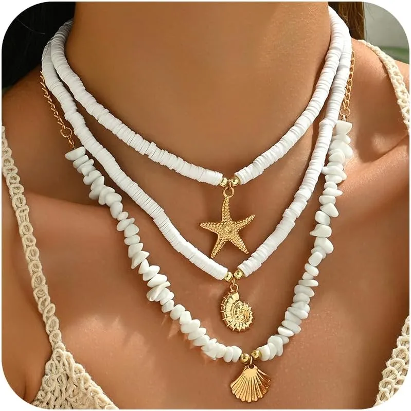 Layered Puka Shell Necklaces for Women Gold Starfish Conch Scallop Cowrie Shell Pendant Necklaces Natural Colorful Boho Seashell Choker Summer Beach Ocean Jewelry Accessory for Her